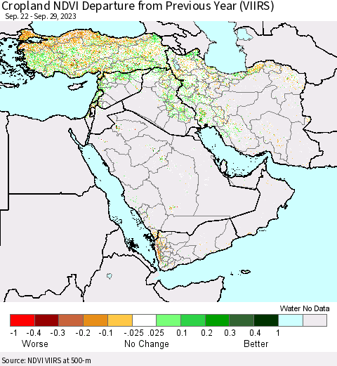 Middle East and Turkey Cropland NDVI Departure from Previous Year (VIIRS) Thematic Map For 9/22/2023 - 9/29/2023