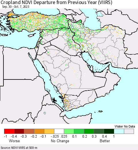 Middle East and Turkey Cropland NDVI Departure from Previous Year (VIIRS) Thematic Map For 9/30/2023 - 10/7/2023
