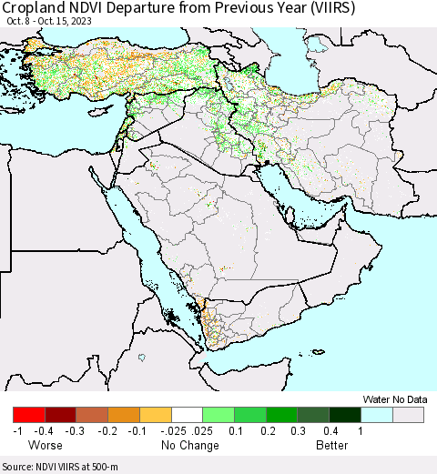 Middle East and Turkey Cropland NDVI Departure from Previous Year (VIIRS) Thematic Map For 10/8/2023 - 10/15/2023