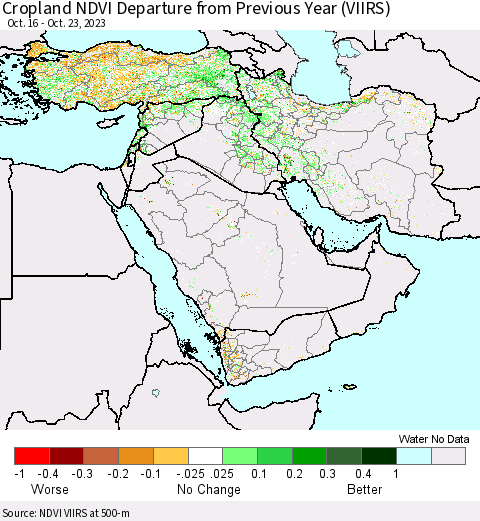 Middle East and Turkey Cropland NDVI Departure from Previous Year (VIIRS) Thematic Map For 10/16/2023 - 10/23/2023