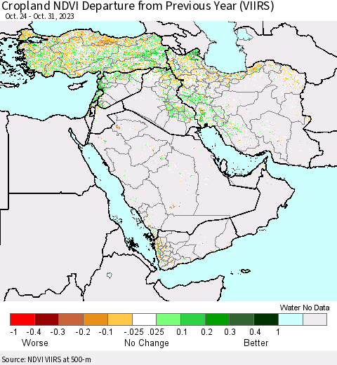 Middle East and Turkey Cropland NDVI Departure from Previous Year (VIIRS) Thematic Map For 10/24/2023 - 10/31/2023