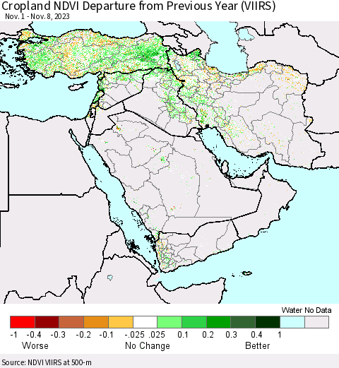 Middle East and Turkey Cropland NDVI Departure from Previous Year (VIIRS) Thematic Map For 11/1/2023 - 11/8/2023