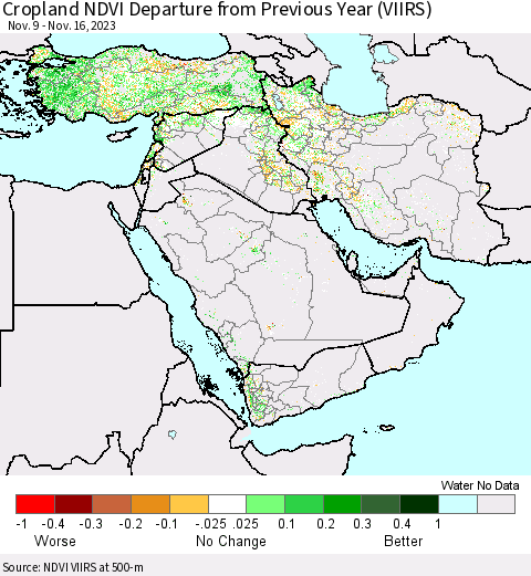 Middle East and Turkey Cropland NDVI Departure from Previous Year (VIIRS) Thematic Map For 11/9/2023 - 11/16/2023