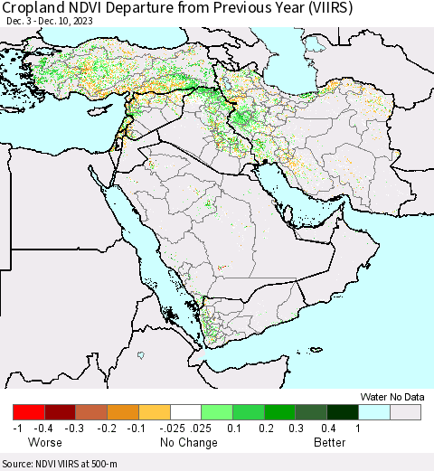 Middle East and Turkey Cropland NDVI Departure from Previous Year (VIIRS) Thematic Map For 12/3/2023 - 12/10/2023