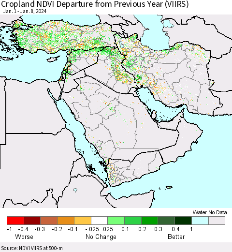 Middle East and Turkey Cropland NDVI Departure from Previous Year (VIIRS) Thematic Map For 1/1/2024 - 1/8/2024