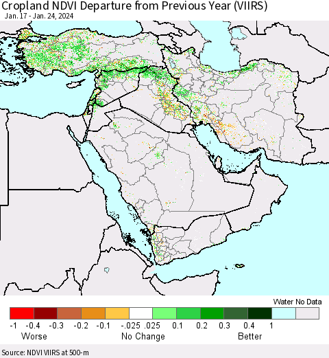 Middle East and Turkey Cropland NDVI Departure from Previous Year (VIIRS) Thematic Map For 1/17/2024 - 1/24/2024
