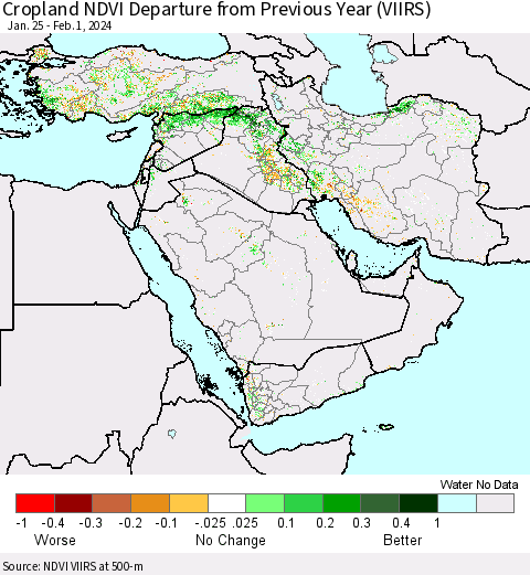 Middle East and Turkey Cropland NDVI Departure from Previous Year (VIIRS) Thematic Map For 1/25/2024 - 2/1/2024