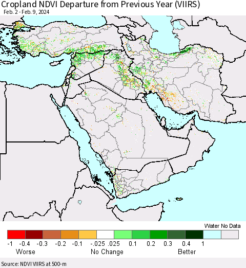 Middle East and Turkey Cropland NDVI Departure from Previous Year (VIIRS) Thematic Map For 2/2/2024 - 2/9/2024