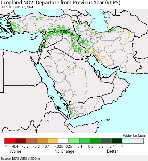 Middle East and Turkey Cropland NDVI Departure from Previous Year (VIIRS) Thematic Map For 2/10/2024 - 2/17/2024