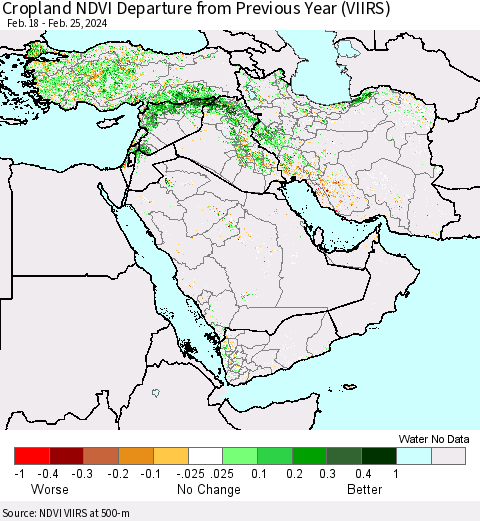 Middle East and Turkey Cropland NDVI Departure from Previous Year (VIIRS) Thematic Map For 2/18/2024 - 2/25/2024