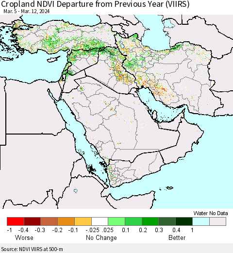Middle East and Turkey Cropland NDVI Departure from Previous Year (VIIRS) Thematic Map For 3/5/2024 - 3/12/2024