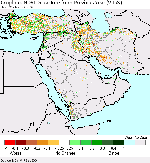 Middle East and Turkey Cropland NDVI Departure from Previous Year (VIIRS) Thematic Map For 3/21/2024 - 3/28/2024