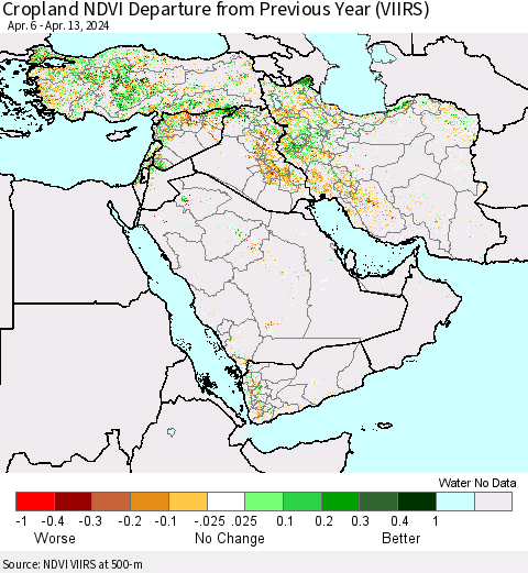 Middle East and Turkey Cropland NDVI Departure from Previous Year (VIIRS) Thematic Map For 4/6/2024 - 4/13/2024