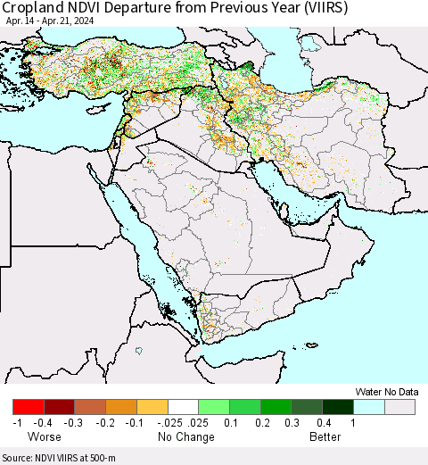 Middle East and Turkey Cropland NDVI Departure from Previous Year (VIIRS) Thematic Map For 4/14/2024 - 4/21/2024
