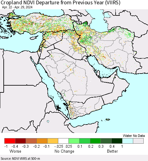 Middle East and Turkey Cropland NDVI Departure from Previous Year (VIIRS) Thematic Map For 4/22/2024 - 4/29/2024