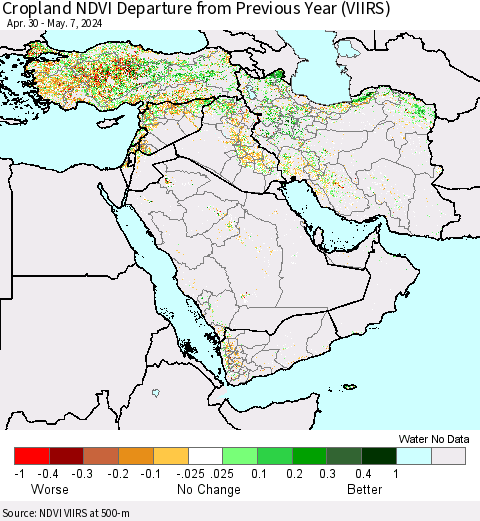 Middle East and Turkey Cropland NDVI Departure from Previous Year (VIIRS) Thematic Map For 4/30/2024 - 5/7/2024
