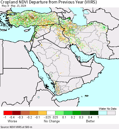 Middle East and Turkey Cropland NDVI Departure from Previous Year (VIIRS) Thematic Map For 5/8/2024 - 5/15/2024