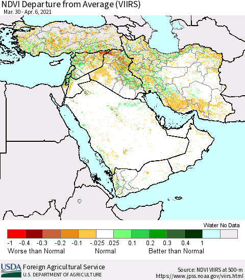 Middle East and Turkey NDVI Departure from Average (VIIRS) Thematic Map For 4/1/2021 - 4/10/2021