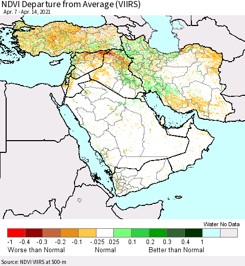 Middle East and Turkey NDVI Departure from Average (VIIRS) Thematic Map For 4/7/2021 - 4/14/2021
