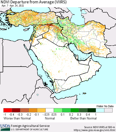 Middle East and Turkey NDVI Departure from Average (VIIRS) Thematic Map For 4/11/2021 - 4/20/2021