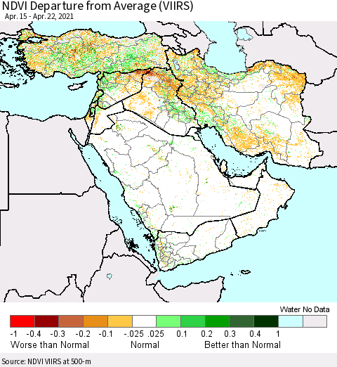 Middle East and Turkey NDVI Departure from Average (VIIRS) Thematic Map For 4/15/2021 - 4/22/2021