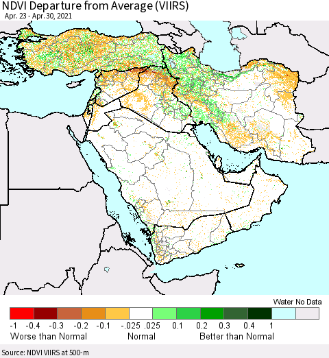 Middle East and Turkey NDVI Departure from Average (VIIRS) Thematic Map For 4/23/2021 - 4/30/2021