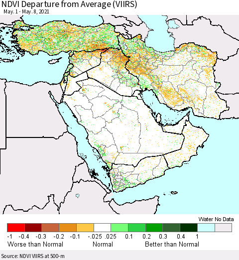 Middle East and Turkey NDVI Departure from Average (VIIRS) Thematic Map For 5/1/2021 - 5/8/2021