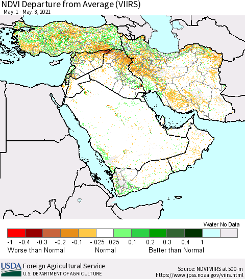 Middle East and Turkey NDVI Departure from Average (VIIRS) Thematic Map For 5/1/2021 - 5/10/2021