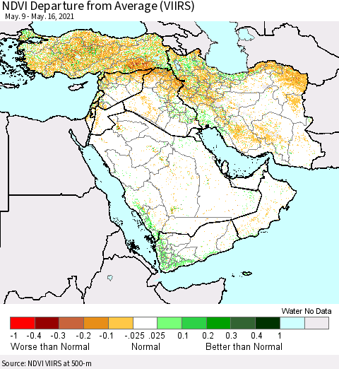 Middle East and Turkey NDVI Departure from Average (VIIRS) Thematic Map For 5/9/2021 - 5/16/2021