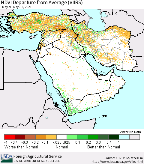 Middle East and Turkey NDVI Departure from Average (VIIRS) Thematic Map For 5/11/2021 - 5/20/2021