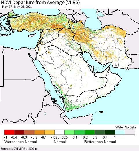 Middle East and Turkey NDVI Departure from Average (VIIRS) Thematic Map For 5/17/2021 - 5/24/2021