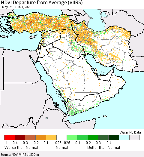 Middle East and Turkey NDVI Departure from Average (VIIRS) Thematic Map For 5/25/2021 - 6/1/2021
