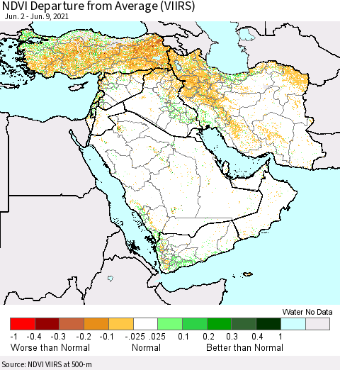 Middle East and Turkey NDVI Departure from Average (VIIRS) Thematic Map For 6/2/2021 - 6/9/2021