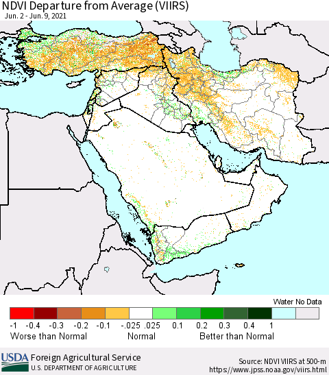 Middle East and Turkey NDVI Departure from Average (VIIRS) Thematic Map For 6/1/2021 - 6/10/2021