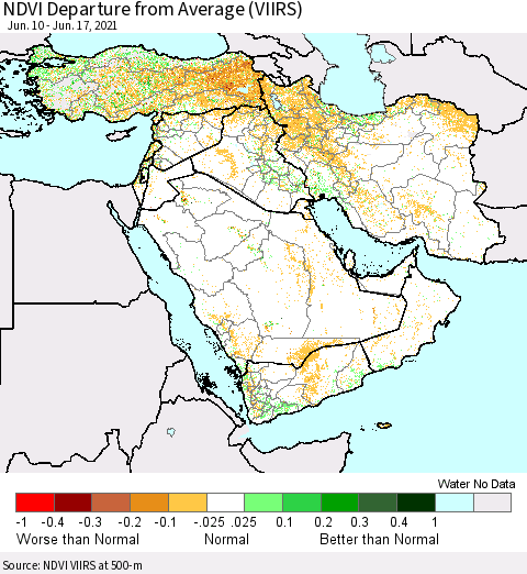 Middle East and Turkey NDVI Departure from Average (VIIRS) Thematic Map For 6/10/2021 - 6/17/2021