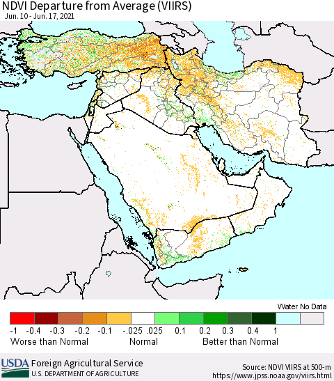 Middle East and Turkey NDVI Departure from Average (VIIRS) Thematic Map For 6/11/2021 - 6/20/2021