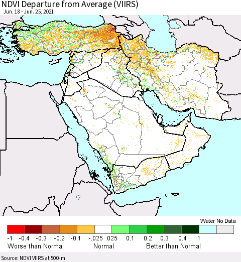 Middle East and Turkey NDVI Departure from Average (VIIRS) Thematic Map For 6/18/2021 - 6/25/2021