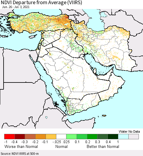 Middle East and Turkey NDVI Departure from Average (VIIRS) Thematic Map For 6/26/2021 - 7/3/2021