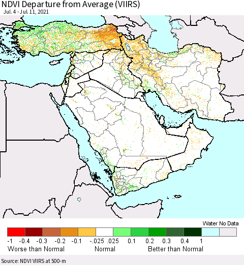 Middle East and Turkey NDVI Departure from Average (VIIRS) Thematic Map For 7/4/2021 - 7/11/2021