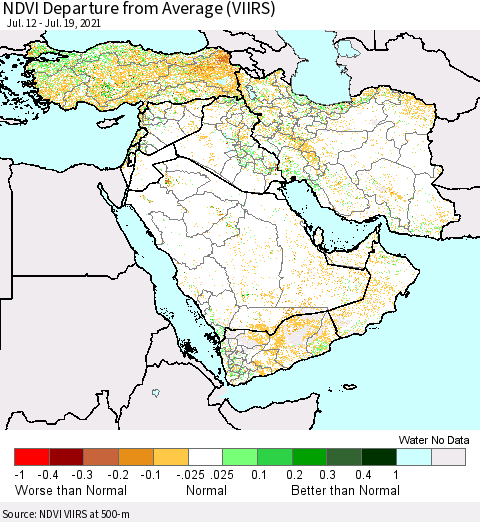 Middle East and Turkey NDVI Departure from Average (VIIRS) Thematic Map For 7/12/2021 - 7/19/2021