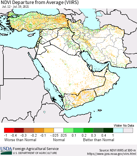 Middle East and Turkey NDVI Departure from Average (VIIRS) Thematic Map For 7/11/2021 - 7/20/2021