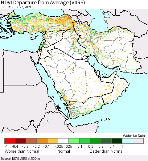 Middle East and Turkey NDVI Departure from Average (VIIRS) Thematic Map For 7/20/2021 - 7/27/2021