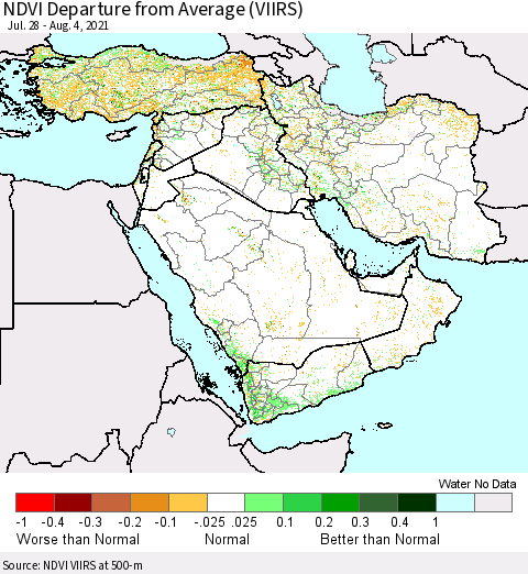 Middle East and Turkey NDVI Departure from Average (VIIRS) Thematic Map For 7/28/2021 - 8/4/2021