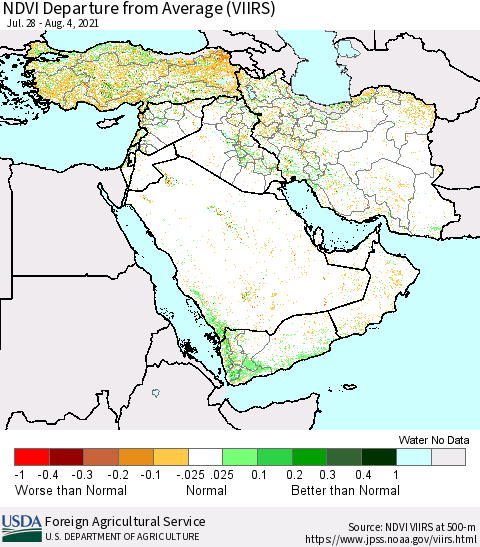 Middle East and Turkey NDVI Departure from Average (VIIRS) Thematic Map For 8/1/2021 - 8/10/2021