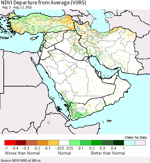 Middle East and Turkey NDVI Departure from Average (VIIRS) Thematic Map For 8/5/2021 - 8/12/2021