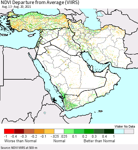 Middle East and Turkey NDVI Departure from Average (VIIRS) Thematic Map For 8/13/2021 - 8/20/2021