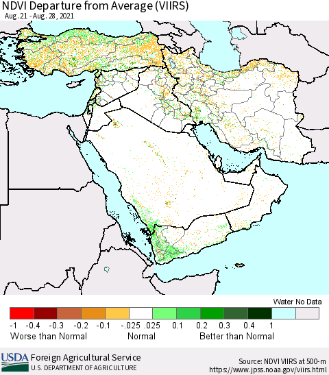 Middle East and Turkey NDVI Departure from Average (VIIRS) Thematic Map For 8/21/2021 - 8/31/2021