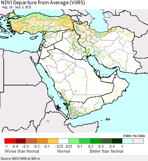 Middle East and Turkey NDVI Departure from Average (VIIRS) Thematic Map For 8/29/2021 - 9/5/2021