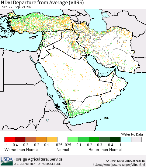 Middle East and Turkey NDVI Departure from Average (VIIRS) Thematic Map For 9/21/2021 - 9/30/2021