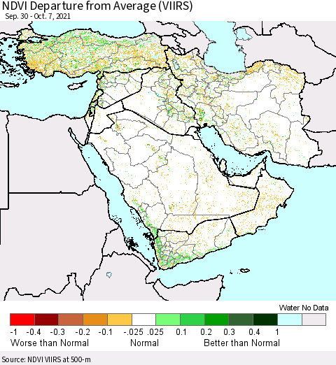 Middle East and Turkey NDVI Departure from Average (VIIRS) Thematic Map For 9/30/2021 - 10/7/2021
